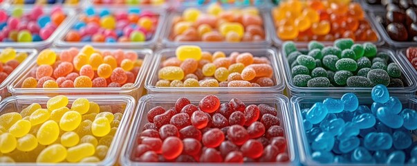 Colorful Assortment of Jelly Candies in Plastic Containers Displayed at a Market Stall