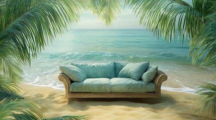 Fototapeta premium An imaginative sofa appears to float over the sand by a tropical beach with green palm fronds swaying above and waves gently rolling