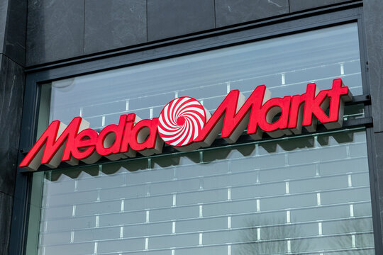 MediaMarkt shop sign, A store for household appliances and electronics, Almere the Netherlands. 4 February 2023.