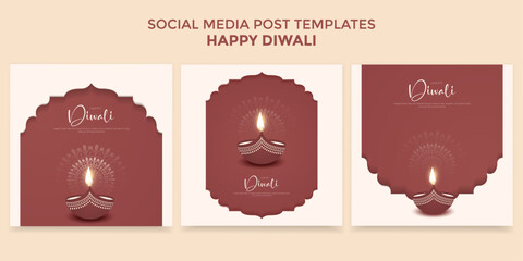 Happy Diwali minimal social media post set Celebration Background. Festival of Lights Greeting Card Post Template Vector Illustration.eps