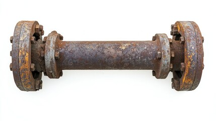 An old drain pipe for sewers, isolated on a white background, rusted and worn at the edges, with flanges on both
