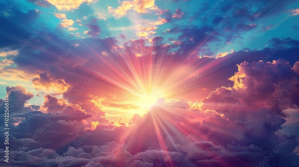 Wall mural colorful clouds transform as the sun sets, creating a spectacular display of light and color in the 