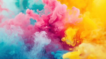 Fototapeta premium Vibrant clouds of pink, blue, and yellow ink flow and intermingle in water, creating an eye-catching and dynamic composition of colors
