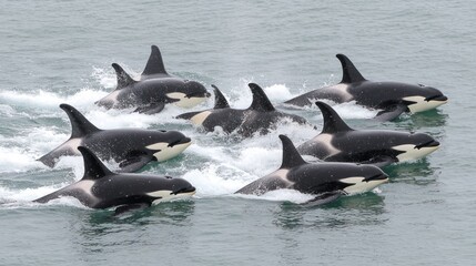 Fototapeta premium Majestic Pod of Orcas Migrating in Arctic Waters - Aerial View of Orca Dorsal Fins Slicing Through Icy Surface