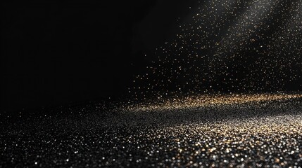 A dark background with scattered glitter and light beams creating a magical atmosphere.