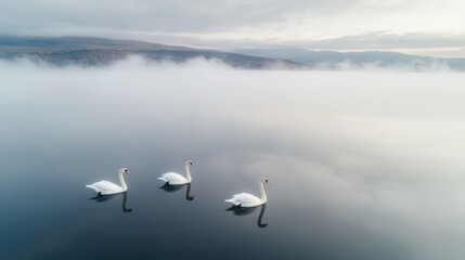 Majestic Swans Migrating Over Foggy Dawn Lake - Aerial Drone View with Reflections