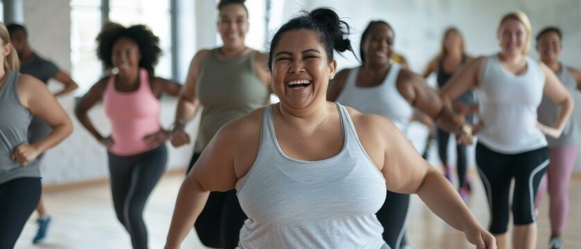 A group of women are all smiling and laughing while doing a dance. AI.