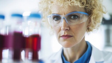 A scientist is carefully analyzing blood samples in a laboratory, focusing on her research in medical science