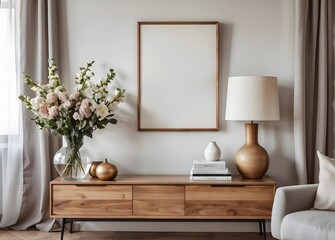Fototapeta premium Vase with Flowers branches on table near light wall 