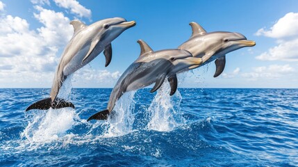 Obraz premium Playful Dolphins Leaping in Migration: Aerial View of Majestic Marine Mammals Splashing in Ocean Waters
