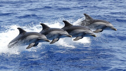 Fototapeta premium Majestic Dolphins Leaping in Ocean Migration Splashing and Creating Ripples