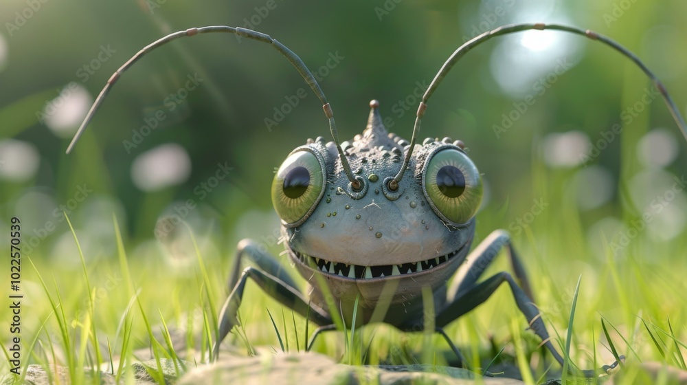 Sticker A cute 3D rendered image of a green bug with big eyes. AI.