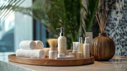 Luxurious Spa Setting, elegant accessories arranged in a serene day spa, inviting atmosphere designed for relaxation and professional massage therapy services