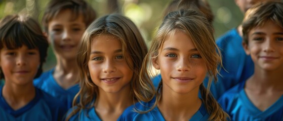 Fototapeta premium A group of young children in blue jerseys are smiling at the camera. AI.