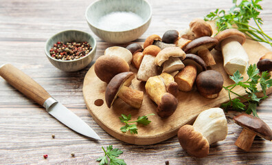 A colorful assortment of fresh mushrooms on a wooden cutting board with herbs and spices in a cozy kitchen setting