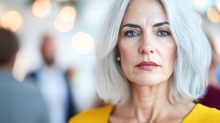 Fototapeta premium A middle-aged woman looks concerned while attending a festive gathering, surrounded by lively conversations and cheerful guests