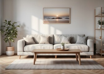 Fototapeta premium Living room interior with mock up poster frame, sofa and coffee table.