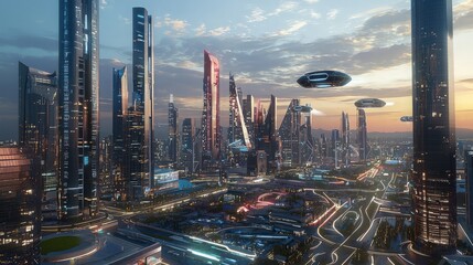 Fototapeta premium A futuristic cityscape with towering skyscrapers, flying cars, and a beautiful sunset in the distance.