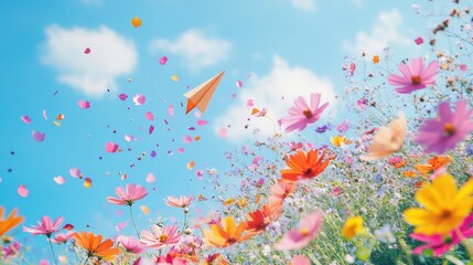 Paper plane flying over colorful flower field.