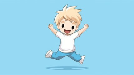 Cute blonde boy jumping up and laughing, wearing a white t-shirt and blue pants, set against a simple background
