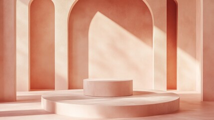 Minimalist podium display against a pastel geometric backdrop, ideal for showcasing products or presentations, creating an elegant and inviting atmosphere for promotions.