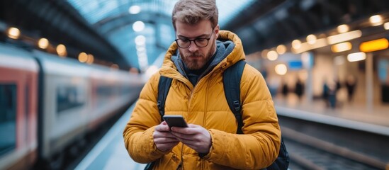 Young man checking his smartphone while waiting for a train at the station.