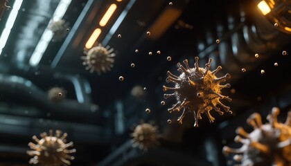 A close-up view of floating virus particles in a futuristic environment, highlighting their structure and movement.