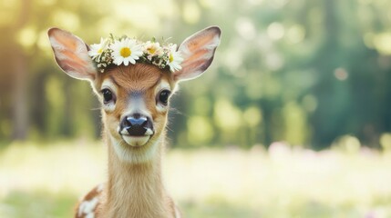 A young fawn wears a delicate flower crown, basking in the warm sunlight amidst a lush forest background