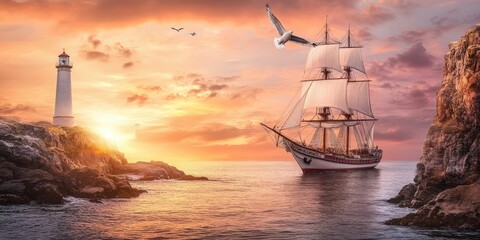 Fototapeta premium Sailboat sunset seascape with lighthouse and cliffs.