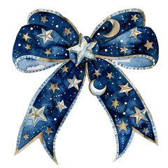 Celestial Christmas bow with stars and moon pattern in blue tones, perfect for festive decorations. 