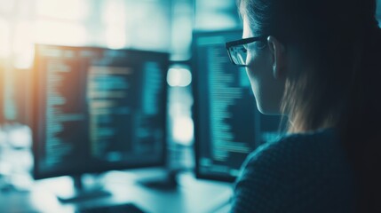 Team members engage in data analysis at sleek workstations, utilizing multiple screens and tools in an innovative office environment