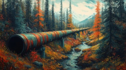 Rustic pipeline through autumnal forest.