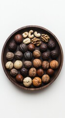 Obraz premium A wooden bowl filled with various types of nuts arranged aesthetically.