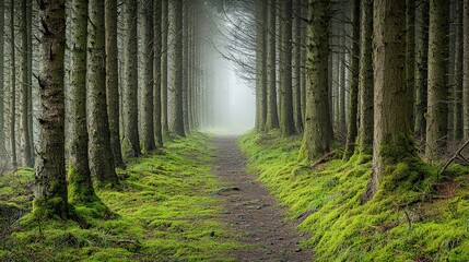 Naklejka premium A misty path winds through a dense forest, lined with tall, slender trees and soft, green moss.