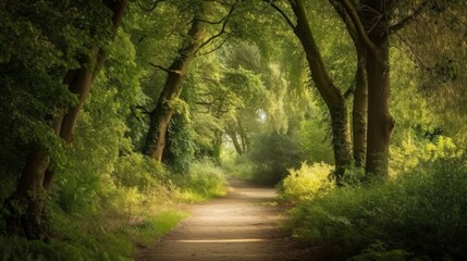 Obraz premium A path through a lush green forest, sunlight filtering through the leaves.