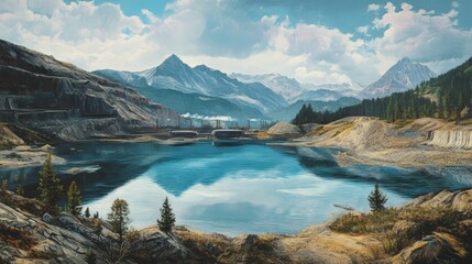 Mountain lake reflecting cloudy sky and factory.