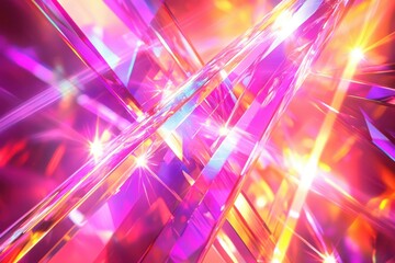 A vibrant abstract composition featuring intersecting crystalline shapes with colorful light reflections and refractions.