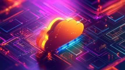 Cloud computing concept with vibrant neon colors and digital circuits