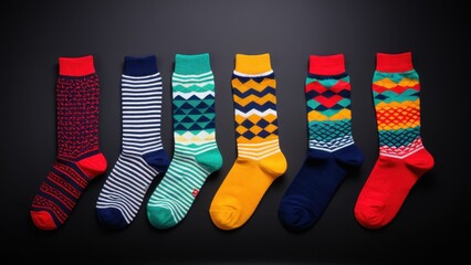 Close-up of sock fabric patterns. Colorful knitted socks with intricate patterns in shades of blue, yellow, and red, displayed in a row on a black background. Winter warmth and cozy style.