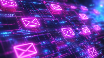 Digital email icons on neon circuit background, vibrant technology design