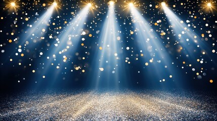 A stage illuminated by bright lights and shimmering particles, creating a festive atmosphere.