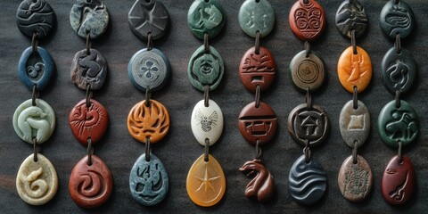 Fototapeta premium Carved stone pendants on dark background.