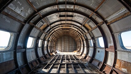  interior of an abandoned aircraft fuselage, showcasing a cylindrical, metallic structure with visible rivets and beams. 