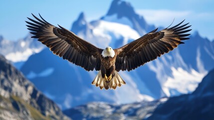 Bald eagle soaring over snow-capped mountains.