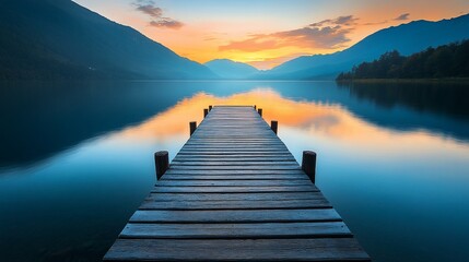 Wooden dock extending into a tranquil lake with a vibrant sunset behind mountains.