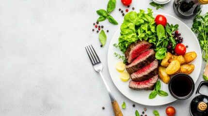Delicious Steak Meal with Fresh Vegetables and Herbs