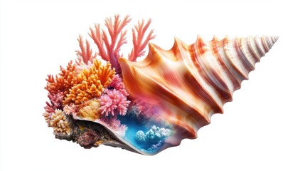 Obraz premium Colorful shell with vibrant corals, white background. Double Exposure, Beach and Summer.