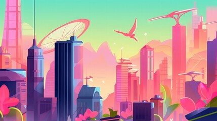 Fototapeta premium A vibrant futuristic cityscape with tall buildings, flying vehicles, and a pink sunset.