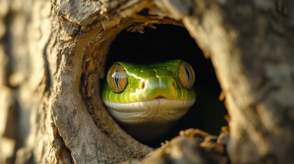 Green snake peeks through a tree hollow, eyes wide and curious, AI