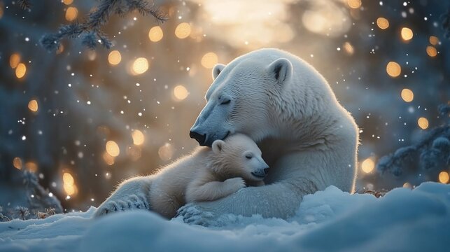 A mother polar bear cuddling her cub in a snowy forest with a golden bokeh background. - Powered by Adobe